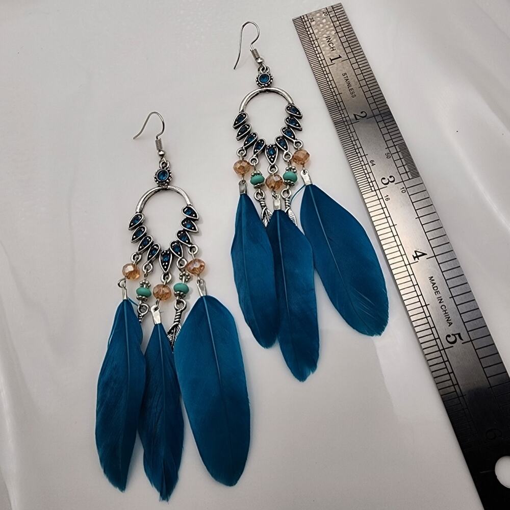 Siren's Wing Silver Blue Boho Feather Earrings - Picture 4 of 4